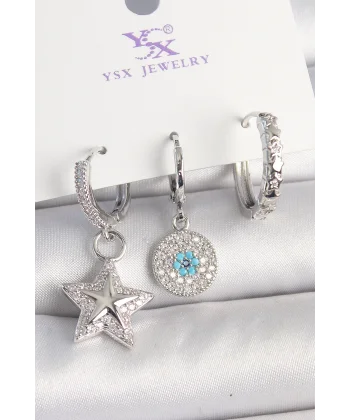 Pirinç Gold Renk Zirkon Taşlı Yıldız Model Nazar Boncuk Detay 3Lü Kadın Kombin Küpe