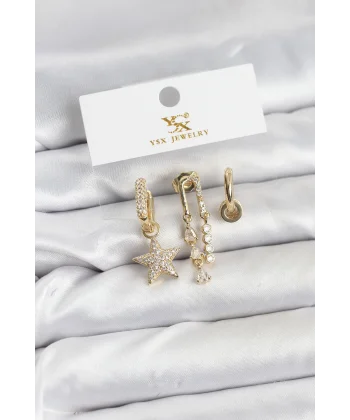 Pirinç Gold Renk Zirkon Taşlı Yıldız Vintage Model YSX Trio Küpe Seti