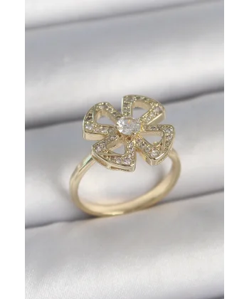 Pirinç Gold Renk Zirkon Taşlı Yonca Model Ayarlanabilir Kadın Yüzük
