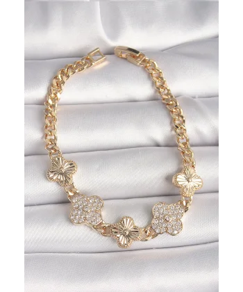 Pirinç Gold Renk Zirkon Taşlı Yonca Model Kadın Bileklik