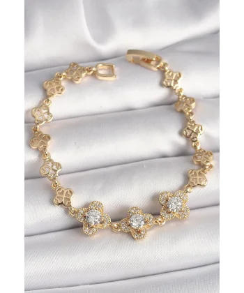 Pirinç Gold Renk Zirkon Taşlı Yonca Model Kadın Bileklik