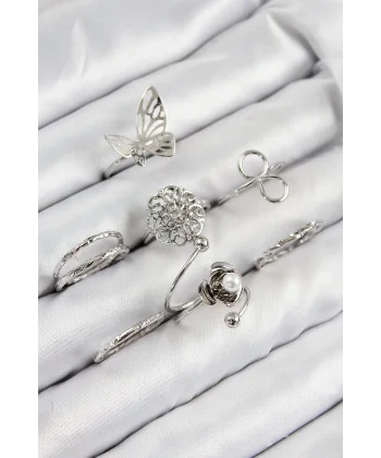 Pirinç Gül Kelebek Model Gümüş Renk Kadın Yüzük Kombin Set