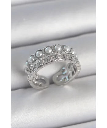 Pirinç Gümüş Renk 2Li Sıra Zirkon Taşlı Ve İncili Ayarlanabilir Kadın Yüzük