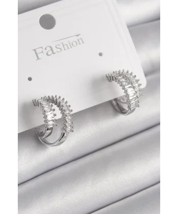 Pirinç Gümüş Renk 2Li Zirkon Taşlı Halka Model Kadın Küpe