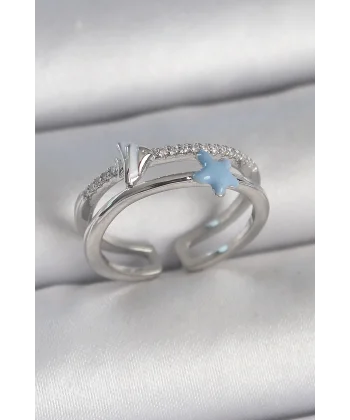 Pirinç Gümüş Renk 2Li Zirkon Taşlı Mavi Yıldız Figür Ayarlanabilir Kadın Yüzük