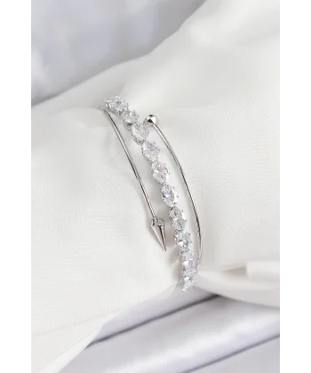 Pirinç Gümüş Renk Arpa Zirkon Taşlı Kadın Bileklik