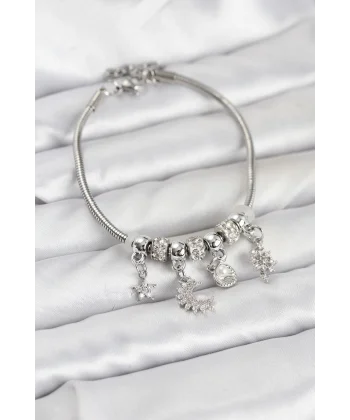 Pirinç Gümüş Renk Ay Charm Model Charmlı Kadın Bileklik