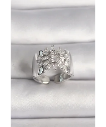 Pirinç Gümüş Renk Ayarlanabilir Baget Zirkon Taş Model Kadın Yüzük