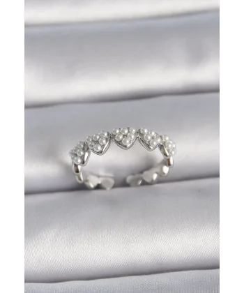 Pirinç Gümüş Renk Ayarlanabilir İncili Kalp Model Kadın Yüzük