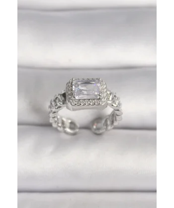 Pirinç Gümüş Renk Ayarlanabilir Zincir Kare Zirkon Taşlı Kadın Yüzük