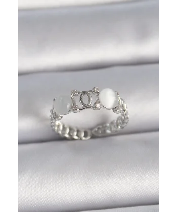 Pirinç Gümüş Renk Ayarlanabilir Zirkon Taşlı Beyaz Mineli Birleşik Halka Model Kadın Yüzük