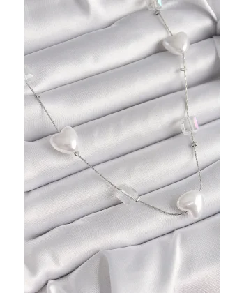 Pirinç Gümüş Renk Beyaz İnci Kalp Model Kadın Kolye