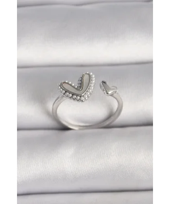 Pirinç Gümüş Renk Beyaz Mineli İnci Detaylı Kalp Model Ayarlanabilir Yüzük