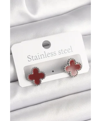Pirinç Gümüş Renk Bordo Yonca Model Kadın Küpe
