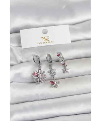 Pirinç Gümüş Renk Çiçek Model 3lü Kadın Küpe