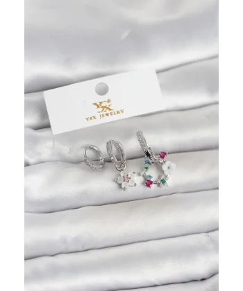 Pirinç Gümüş Renk Çiçek Model 3lü Kadın Küpe