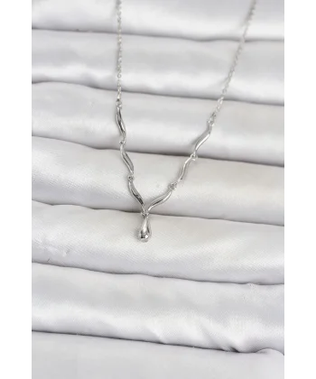 Pirinç Gümüş Renk Damla Model Kadın Kolye