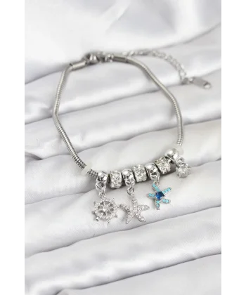 Pirinç Gümüş Renk Deniz Tema Charmlı Kadın Bileklik