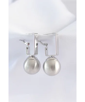 Pirinç Gümüş Renk Dikdörtgen Detay Oval Küpe