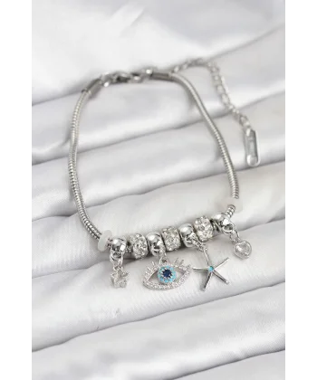 Pirinç Gümüş Renk Göz Model Charmlı Kadın Bileklik