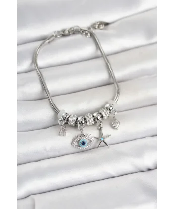 Pirinç Gümüş Renk Göz Model Charmlı Kadın Bileklik