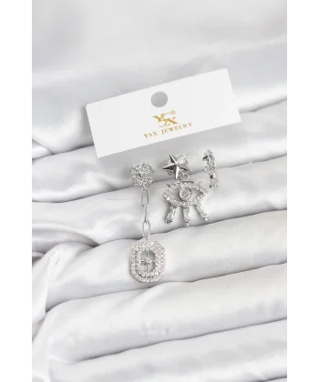 Pirinç Gümüş Renk Göz ve Kutup Yıldızı Model YSX Trio Küpe Seti