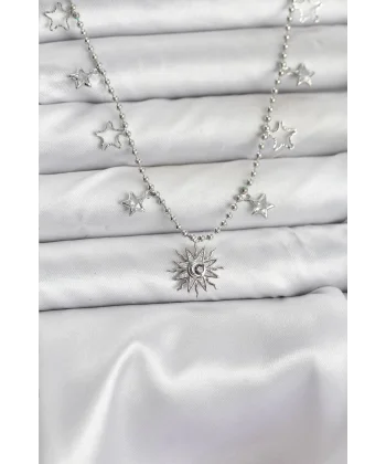 Pirinç Gümüş Renk Güneş Model Kadın Kolye