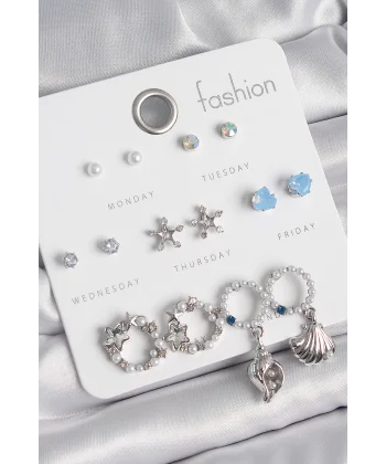 Pirinç Gümüş Renk İncli Zirkon Taşlı Halka Figür Yıldız Detay 7 Çift Kadın Küpe Seti