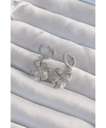 Pirinç Gümüş Renk İri Zirkon Taşlı Fiyonk Model Halka Küpe