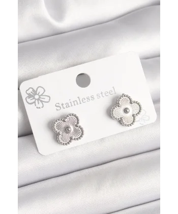 Pirinç Gümüş Renk İşlemeli Yonca Model Kadın Küpe