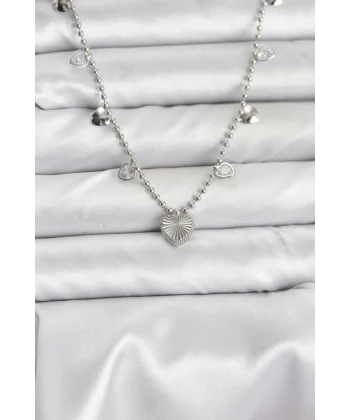 Pirinç Gümüş Renk Kalp Model Kadın Kolye