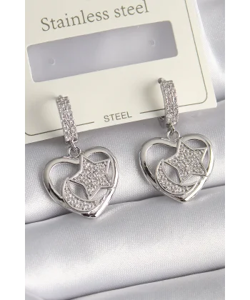 Pirinç Gümüş Renk Kalp Model Zirkon Taşlı Ay Yıldız İşlemeli Kadın Küpe