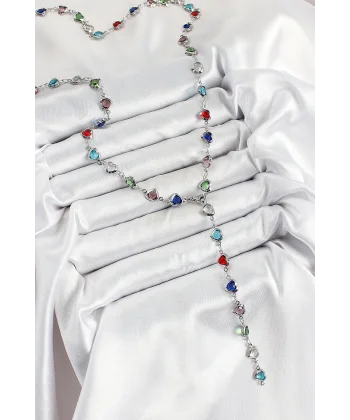 Pirinç Gümüş Renk Karışık Renk Zirkon Taşlı Kalpli Y Kadın Kolye