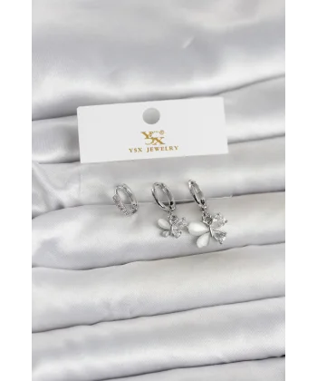 Pirinç Gümüş Renk Kelebek Model 3lü Kadın Küpe