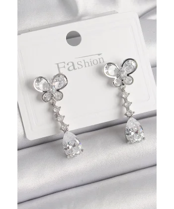 Pirinç Gümüş Renk Kelebek Model Sallantı Damla Zirkon Taşlı Kadın Küpe