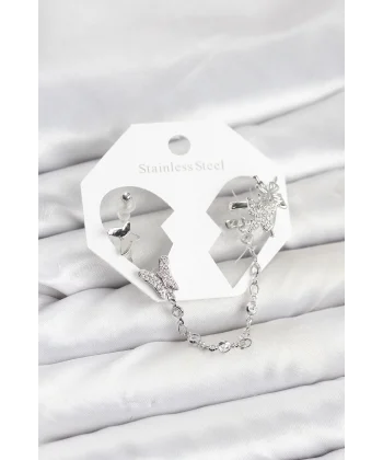 Pirinç Gümüş Renk Kelebek Model Zincir Bağlantılı Ear Cuff Küpe Seti