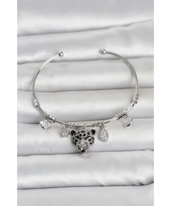 Pirinç Gümüş Renk Leopar Detaylı Charmlı Kadın Bileklik