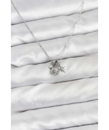 Pirinç Gümüş Renk Minimal Charmlı Kadın Kolye