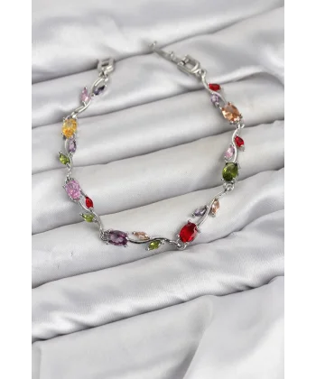 Pirinç Gümüş Renk Mix Renk Zirkon Taşlı Çiçek Model Kadın Bileklik