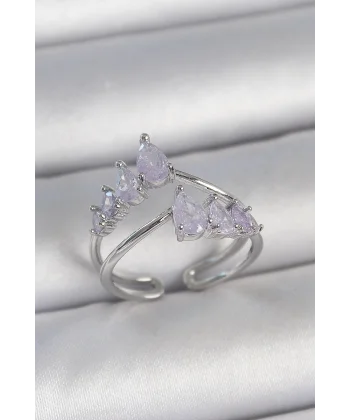 Pirinç Gümüş Renk Mor Damla Zirkon Taşlı Taç Model Kadın Yüzük