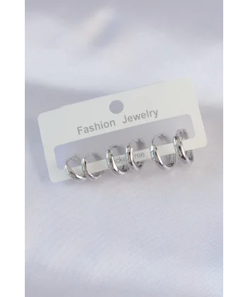 Pirinç Gümüş Renk Oval Bombeli Küpe Seti