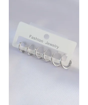 Pirinç Gümüş Renk Oval Küpe Seti