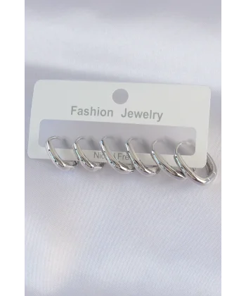 Pirinç Gümüş Renk Oval Küpe Seti