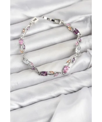 Pirinç Gümüş Renk Pembe ve Mor Zirkon Taşlı Çiçek Model Kadın Bileklik