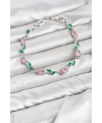 Pirinç Gümüş Renk Pembe Zirkon Taşlı Çiçek Model Kadın Bileklik