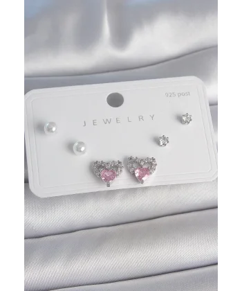 Pirinç Gümüş Renk Pembe Zirkon Taşlı Kalp Model İnci Detay 925 Ayar Gümüş Çivi Kadın Küpe Seti