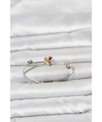 Pirinç Gümüş Renk Renkli Çiçek Model Kadın Bileklik