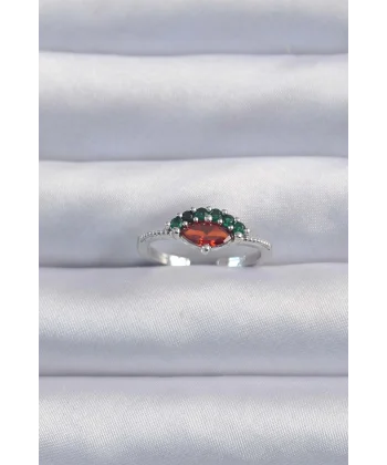 Pirinç Gümüş Renk Renkli Zirkon Taşlı Ayarlanabilir Karpuz Model Yüzük