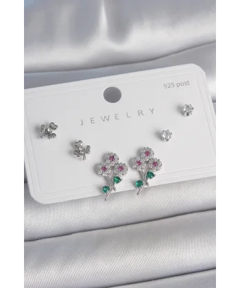 Pirinç Gümüş Renk Renkli Zirkon Taşlı Çiçek Model Yaprak Detay 925 Ayar Gümüş Çivi Kadın Küpe Seti