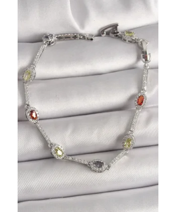 Pirinç Gümüş Renk Renkli Zirkon Taşlı Damla Taş Model Kadın Bileklik